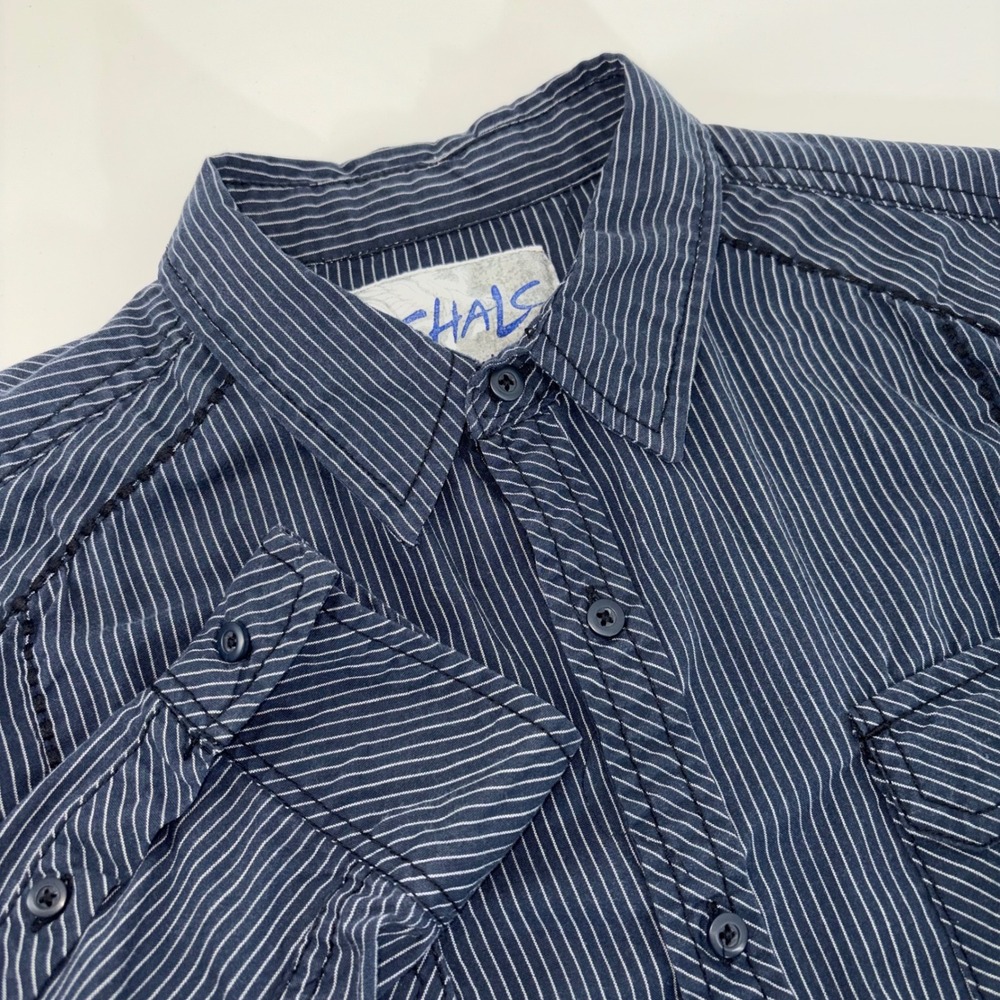 Chals Mens Navy Pinstripe Long Sleeve Button Down Shirt‎ Contrast Stitch Large